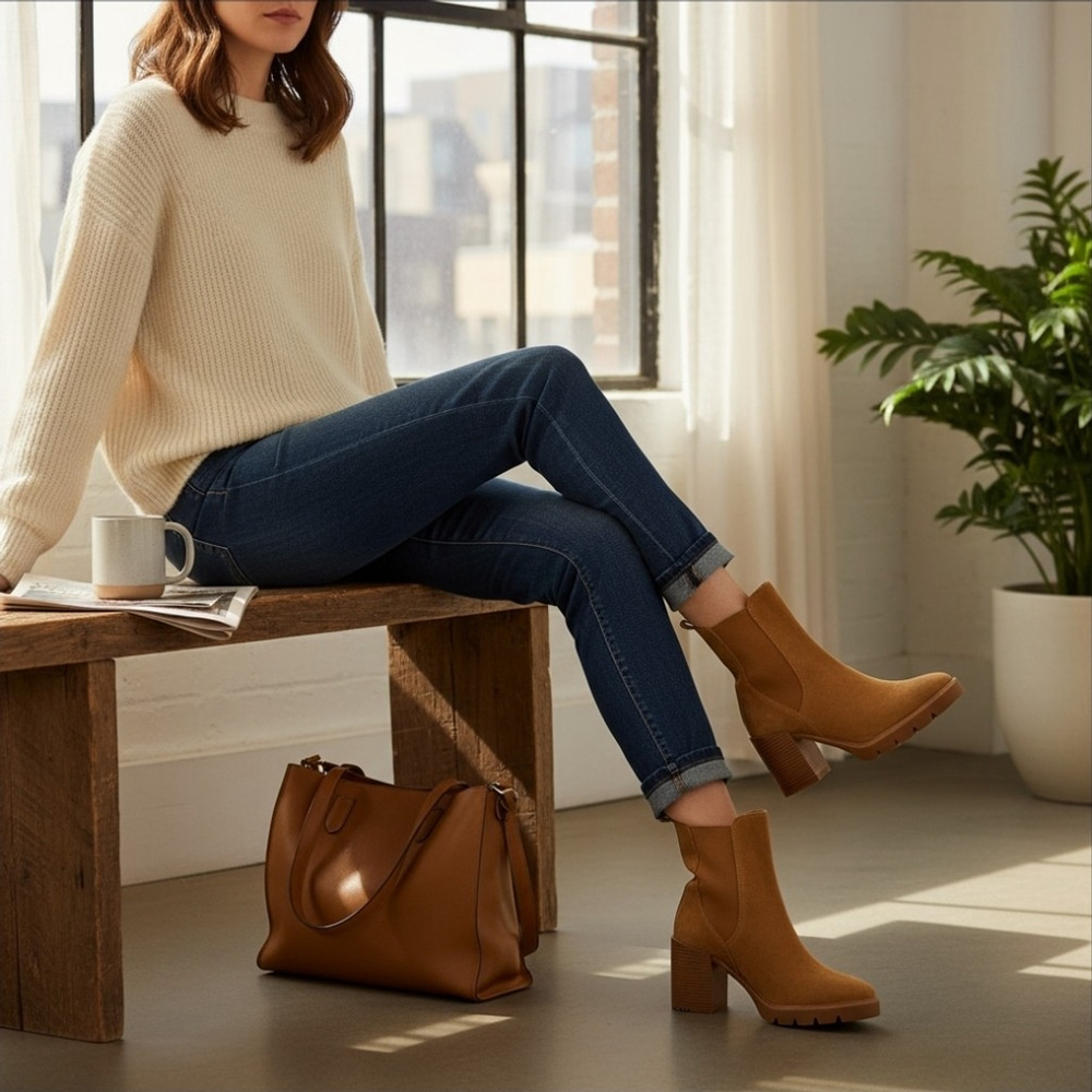 Sam Edelman Suede LEATHER Chelsea Pull On Lug Boots Booties 10.5 M Caramel Brown